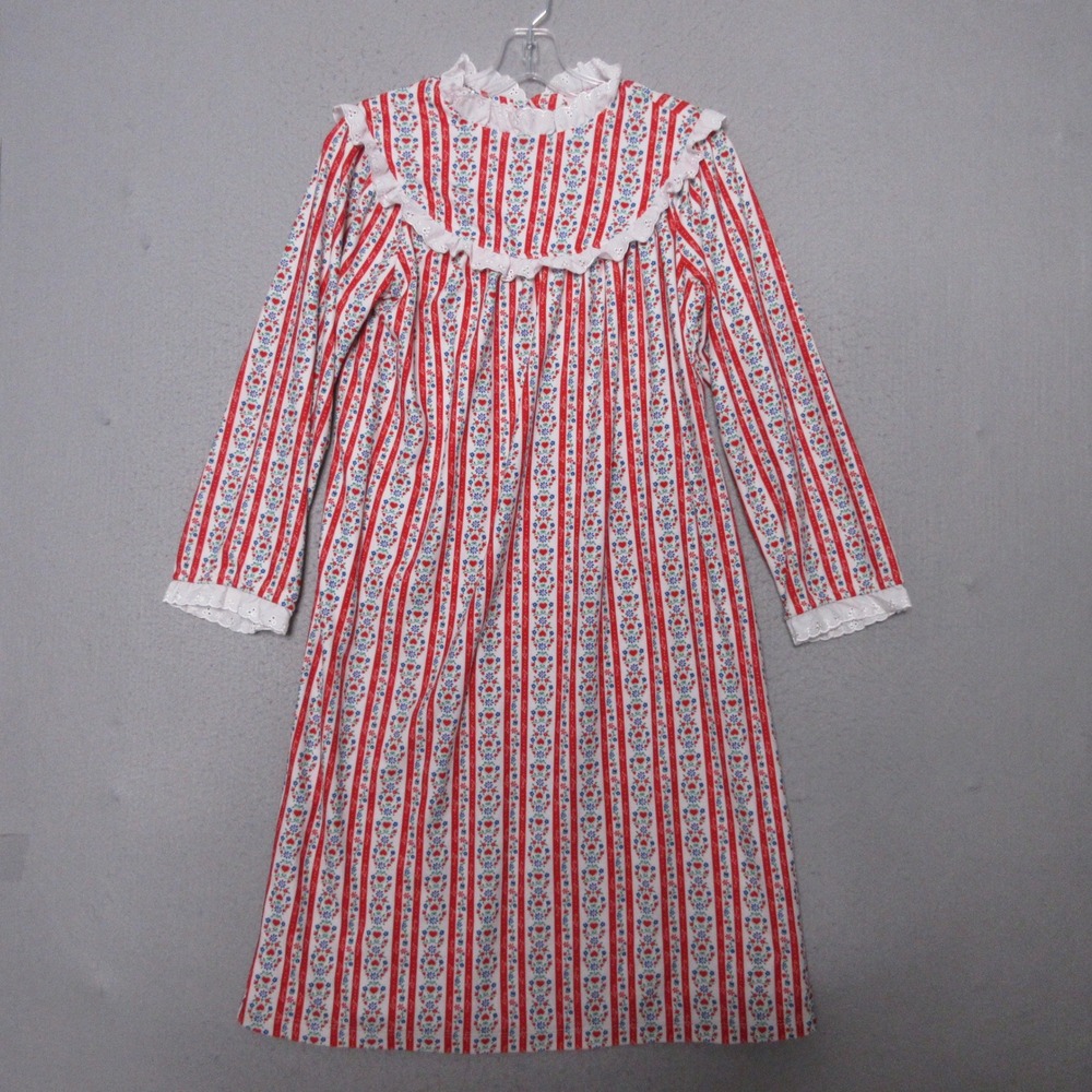Lanz of Salzburg Nightgown Girls Large Red White Floral Stripe Flannel Ruffle